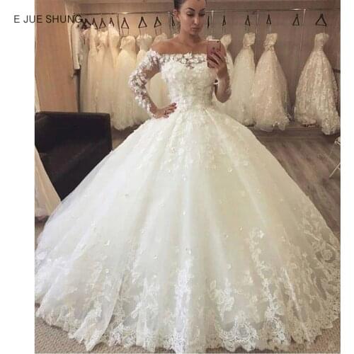 E JUE SHUNG Vintage Lace Luxury Ball gown Wedding Dresses Off The Shoulder Lace Up Back Long sleeves Wedding Gowns