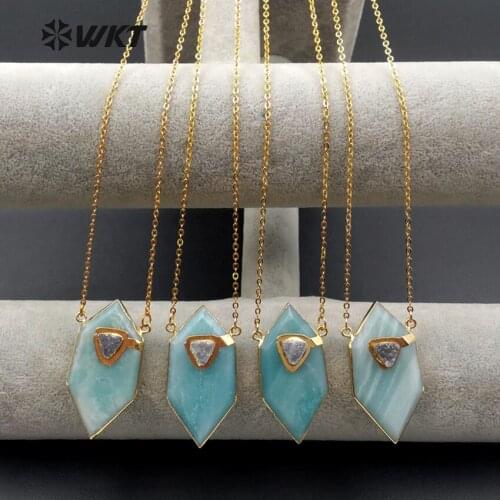 WT-N1067 Wholesale natural six-sided Amazonite necklace hexagon Amazonite necklace gold plating O chian necklace Amazonite Gems