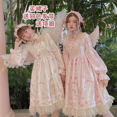 Japanese sweet lolita vintage stand puff sleeve high waist cute victorian dress kawaii girl gothic lolita longsleeve dress