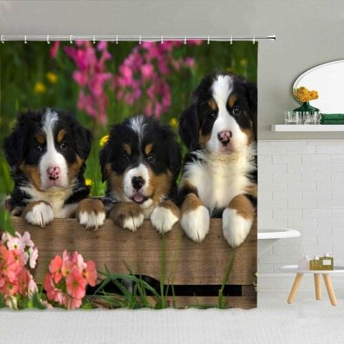 3D Funny Animal Dog Shower Curtain Flower Plant Cute Cat Polyester Fabric Bathroom Supplies With Hooks Home Decor Washable Set