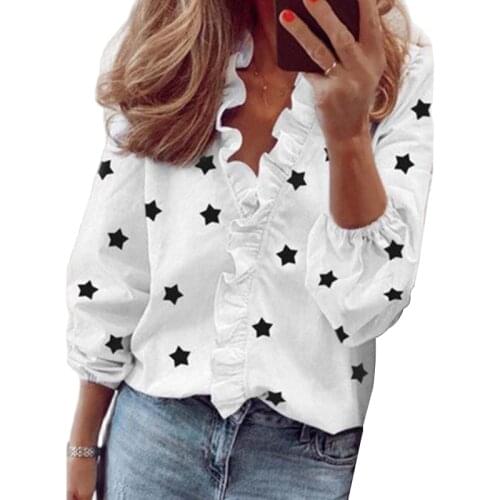 Star Print Ruffles Blouses Women Long Lantern Sleeve Woman Blouse Shirt Casual Female Top Plus Size Autumn Clothes