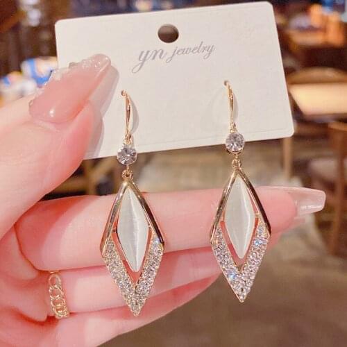 2021 Silver Needle Pave Diamond-studded Geometric Opal Ear Hook The Same Fashion Wild And Thin Earrings Women Exquisite Jewelry