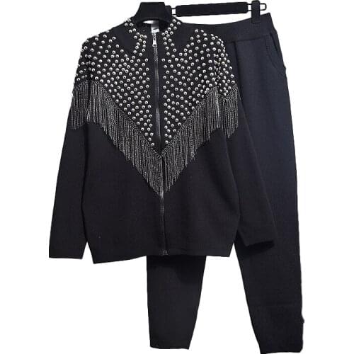 2020 Autumn New Fashion Black Set Women Beading Tassel Loose Long sleeve Knitted cardigan Coat + Casual Pants Two Piece Set H693