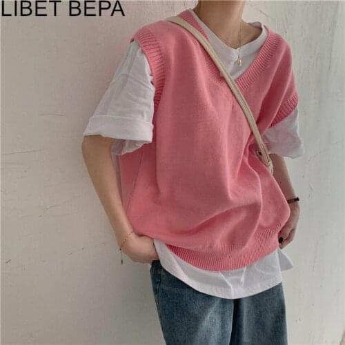 New 2021 Autunm Winter Women Sweaters Pullovers Sleeveless Vest Waistcoat Vintage Oversized Korean Sweet Lady Pink Tops SWV6623