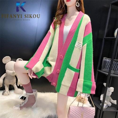 Striped Women Knitted Sweater Jacket Autumn Winter Warm Knit Cardigan Coat Fashion V-Neck Long Sleeve Loose Sweaters 2020 New