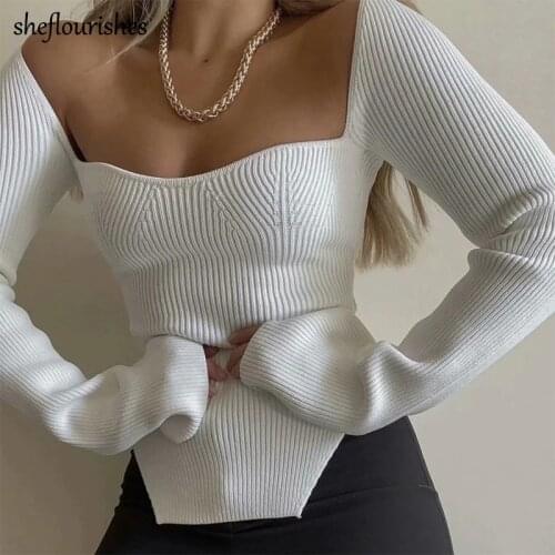 Sexy sweater women long sleeve pullover korean square neck sweater white knitted pullover irregular off shoulder sweater black
