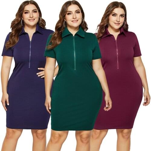 2XL-5XL Plus Size Dress Elegant fashion women summer clothing solid color zip short sleeve casual dresses Wholesale Dropshipping