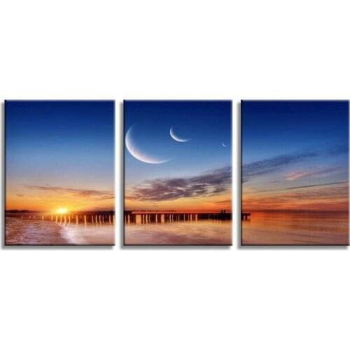 3 Piece Morning Landscape Wall Art Red Seascape Moon Painting for Home Living Room Printed On Canvas Drop shipping