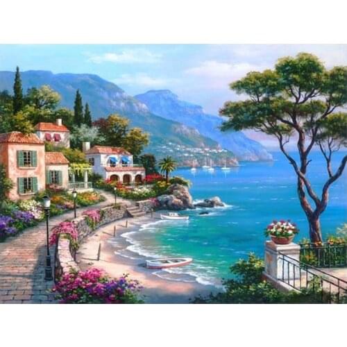 5D DIY Diamond Painting "Seaside Town Landscape " Embroidery Full Round Diamond Cross Stitch Rhinestone Mosaic Painting Decor