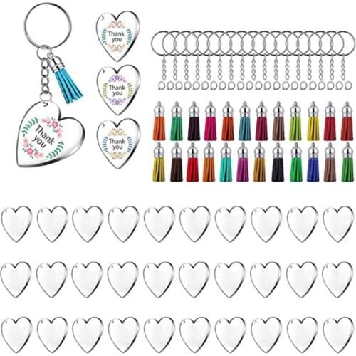 M2EA 90Pcs Acrylic Discs Clear Heart Keychain Blanks Charms Colourful Tassel Key Rings for DIY Crafts Jewelry