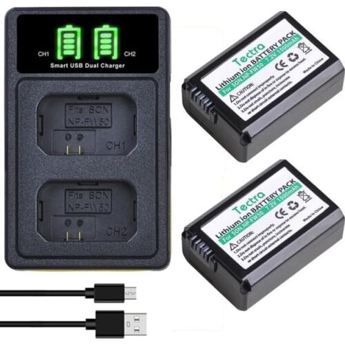 2Pcs 1500mAh NP-FW50 NP FW50 Battery + LCD USB Charger for Sony Alpha a6500 a6300 a7 7R a7R a7R II a7II NEX-3 NEX-3N NEX-5