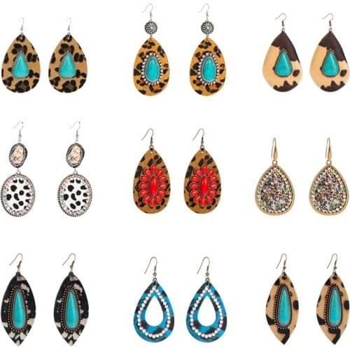 Bohemia Retro PU Leather Printed Leopard Print Inlaid Blue Turquoise Drop-shaped Earrings Personalized Fashion Jewelry Wholesale