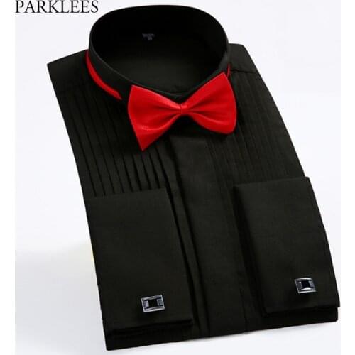 Black French Cufflink Shirt Men Pleated Plain Long Sleeve Wedding Tuxedo Dress Shirts Casual Slim Fit Camisa Social Masculina 4X