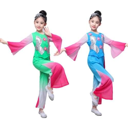 Childrens Yangko Dance Dress Girl National Fan Jasmine Ancient Chinese Folk Dance Costume Chinese Clothes for Girl