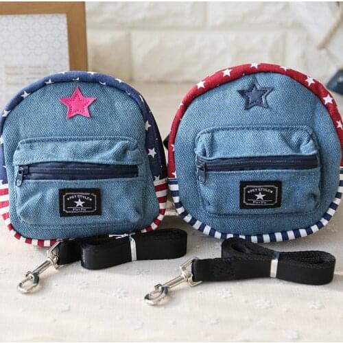 Denim Blue Jeans Pet Cat Carrier Backpack Self-School Collar with Leash Set With Star Print Dog Snacks Outdoor Bags Chihuahua