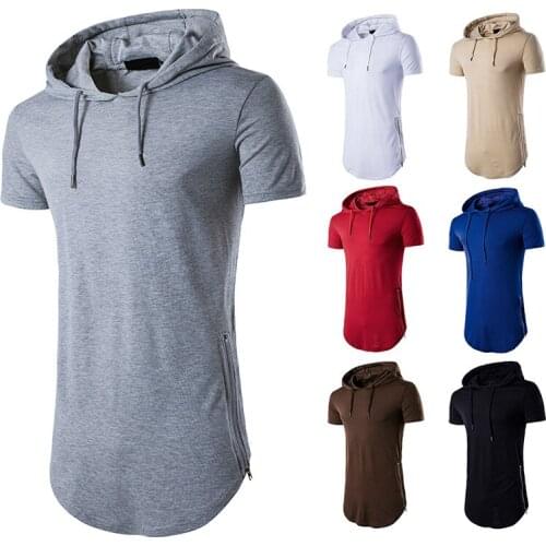 Mens Hooded T-Shirt Short Sleeve Hip Hop Style Long Pullover T-Shirt With Drawstring Double Side Zipper Casual Loose Tops