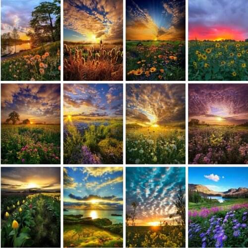 HUACAN 5D Full Square Diamond Painting Sunset Cross Stitch Diamond Embroidery Landscape Mosaic Flower And Mountain Home Decor