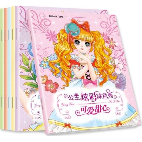6 Books /Set Princess Coloring Book For Children Adult Relieve Stress Kill Time Painting Drawing Books Cartoon DIY Gift Graffiti
