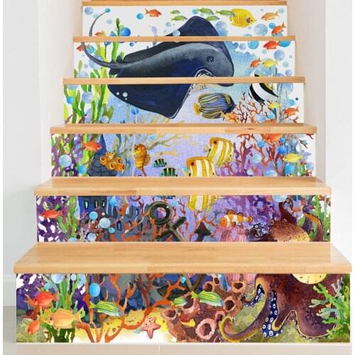 Colorful Underwater World Vinly Stickers Landscaping Home Decor Decals Tile Sticker Waterproof Removable Stairs Stickers For Kid