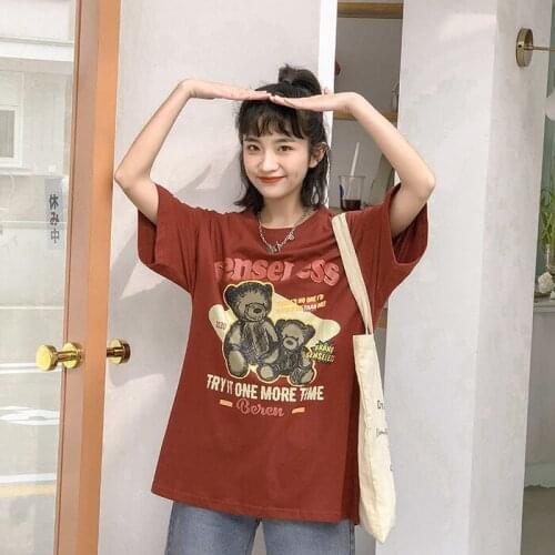 Summer new style retro cartoon bear print casual loose fashion all-match sleeve casual all-match T-shirt top