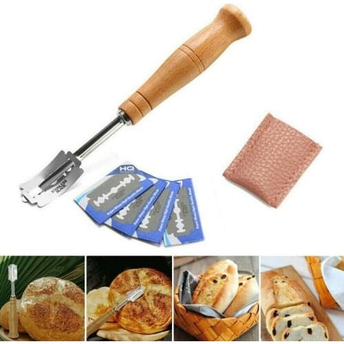 Bend Blade Bread Bakers Cutter Lame Slashing Tool Wooden-Handle Dough Cutting Making Slasher with Replacement Razor Blades