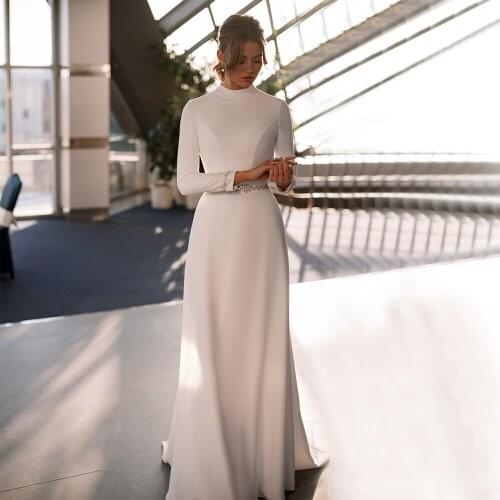 Muslim White Robe High Collar Wedding Dress For Woman With Zipper Back Sweep Train Beading Sashes Soft Long Sleeves Bridal Gown