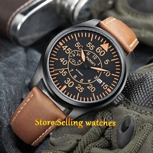 44mm parnis black dial sapphire glass 316L steel case automatic mens watch