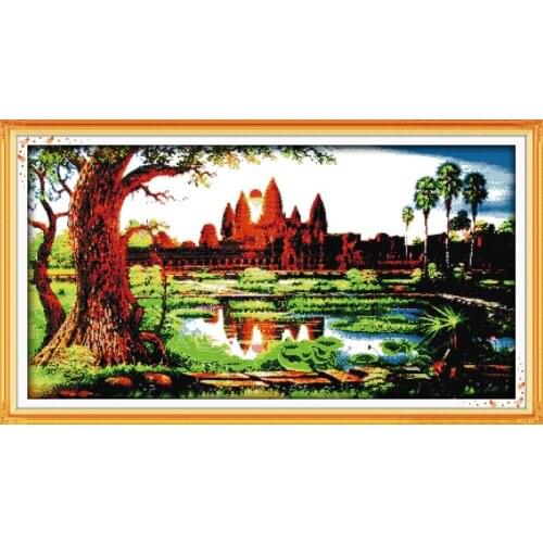 The Sunrise at the Temple of Angkor Wat Scenery Cross-Stitching Printed Handmade Set Cross-stitch Kits Embroidery Needlework