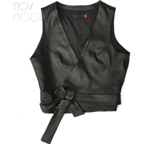 Novmoop belted genuine sheepskin leather women vest it girl style Gilet en cuir pour femme LT3204