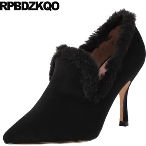 Celebrity footwear pointed toe 2019 stiletto fur black red pumps suede high heels scarpin shoes runway ladies blue size 4 34 new