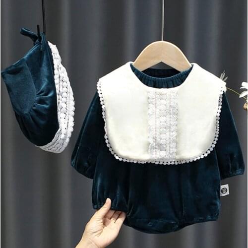 Spring Newborn Baby Girl Clothes Thicken Lace Cotton Jumpsuit Clothing Sets Girls Bodysuit+ Hats + Bibs Outfits