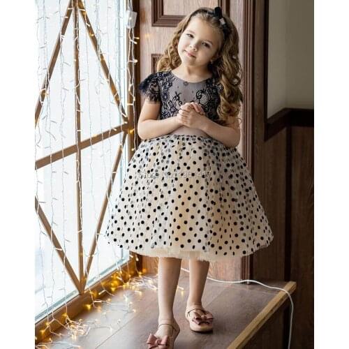 Baby Girls Dot Dress With Black Lace Flower Girl Dress Girls Pageant Fluffy Tulle Dresses First Communion Christening Dresses