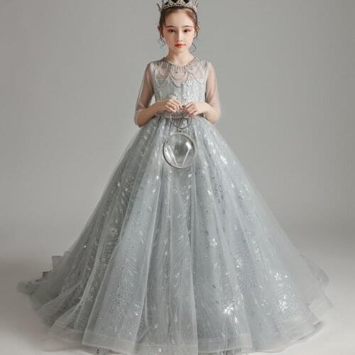 Flower Girl Dresses Illusion Sequined Embroidery O-Neck Appliques Crystal Princess Floor-Length Pearls Lace Kids Party Gown H303