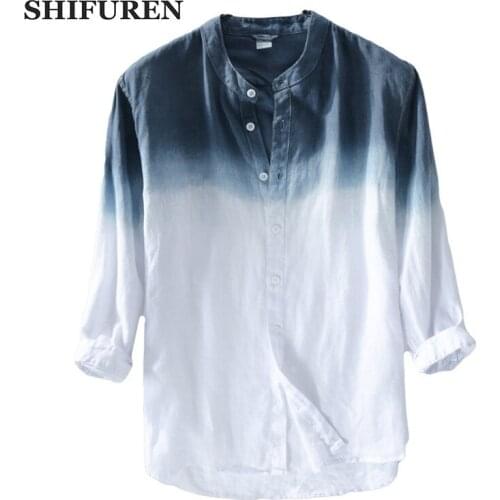 SHIFUREN 2018 Summer New Casual Shirts Men Gradient Color Three Quarter Sleeve 100% Pure Linen Male Dress Shirts Mandarin Collar
