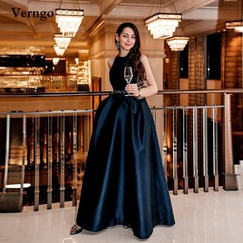 Verngo Navy Blue Satin Long Evening Dress Modest O-neck Crystal Sash Simple Prom Gowns Keyhole Back Formal Celebrity Dress
