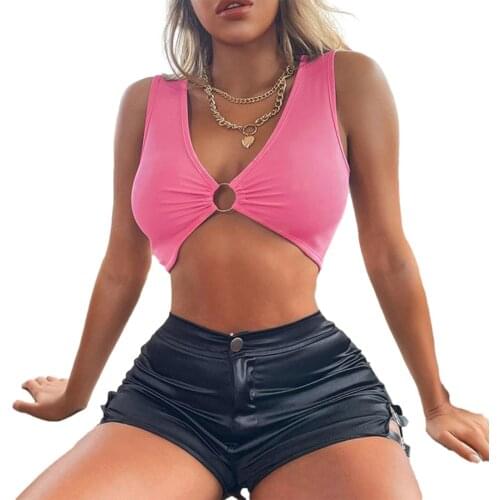 Women Sexy Hollow Out RingTank Top Sleeveless Deep V Neck Solid Slim Fit Crop Top Summer Club Fashion Camisole Top Streetwear
