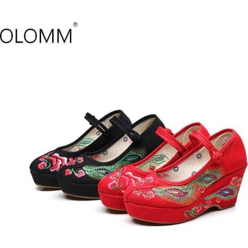 Vintage Ethnic Wedge Embroidered Cloth Shoes Female High Heel Red Canvas Womens Shoes Zapatos De Mujer Sneakers Women
