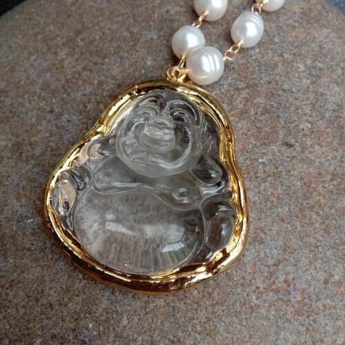 Y·YING Cultured White Pearl Rosary Chain Necklace Quartzs Carved Buddha Pendant 18"