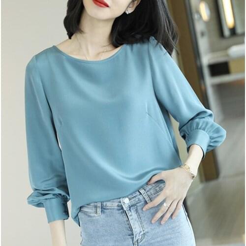 Blue heavy crepe silk office blouse womens shirts and blouses 2019 elegant sexy boho long sleeve plus size palace loose