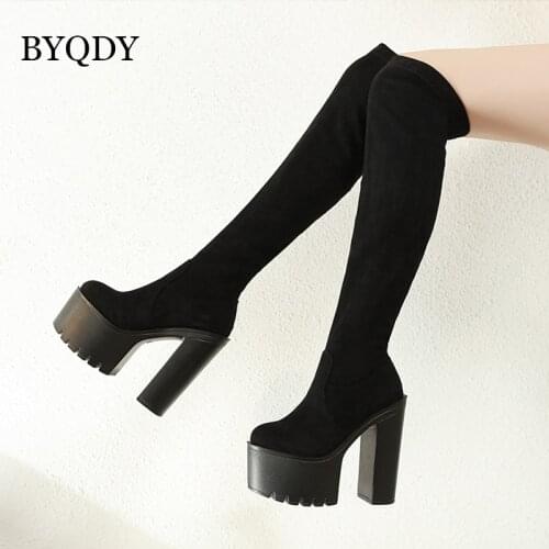 BYQDY Thigh High Flock Shoes Women Strappy Over The Knee High Motorcycle Boots Tall Shaft Goth Creepers Stretch Fabric Long Boot
