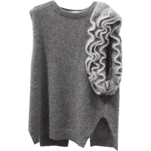 2021 Autumn and Winter New Fashion Womens Short Sweater Vest Stitching Ruffled Pullover Knit Round Neck Pullover Casual Loose