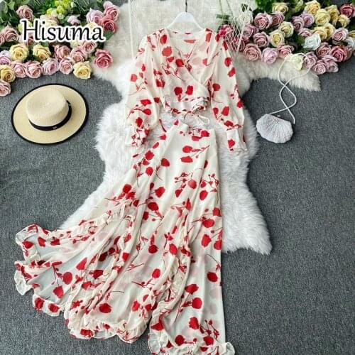 2021 summer new female V-neck lace-up flower print chiffon shirts + high waist split A-line skirt two-piece sets women suits