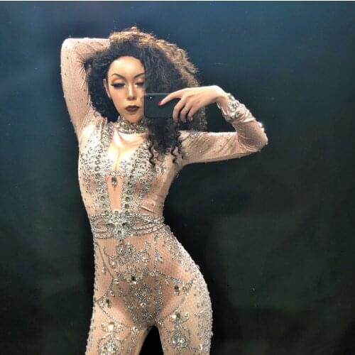 Dj Ds Gogo Women Sexy Jumpsuit Simple Type Glass Sparkling Crystals Bodysuit Nightclub Party Singer Dancer Bling Costume