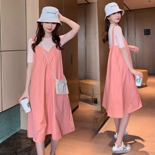2020 Summer Sweet Pregnant Women Two-piece Dress Suits Loose Short Sleeve Cotton Tees+Strap A-Line Dress Maternity Clothes Set