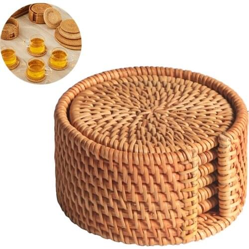 6/8/14pcs Round Natural Rattan coaster placemats for table Bowl Pad Handmade Drink Coasters Set Kitchen Decoration Accessories
