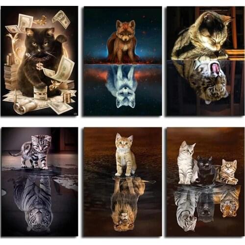 5D Diy Diamond Painting Cat Reflection Animals Full Drill Square Round Rhinestones Tiger Lion Mosaic Cross Stitch Kit Home Decor