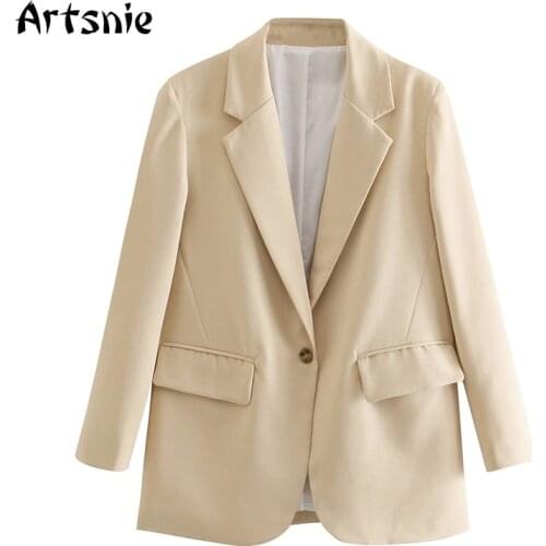 Artsnie Autumn 2021 Khaki Blazer Women Notched Long Sleeve Oversized Coats Female Single Breasted Pockets Ladies Blazer Jackets