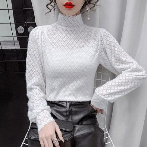 Half High Collar Lace Base Blouse Womens Autumn Clothing 2021 New Style Blusa French Temperament Long-sleeved Shirt KK730