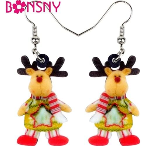 Bonsny Acrylic Christmas Deer Elk Toy Gift Earrings Drop Dangle Cartoon Xmas Ornaments Jewelry For Women Girls Decoration Party