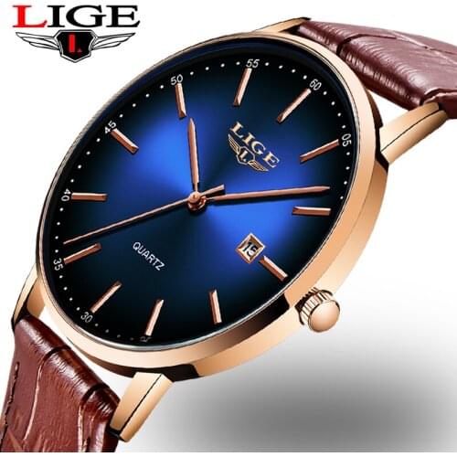 LIGE 2020 New Casual Leather Mens Watches Top Brand Luxury Fashaion Gold Watch For Men Sport Waterproof Quartz Wristwatch+Box